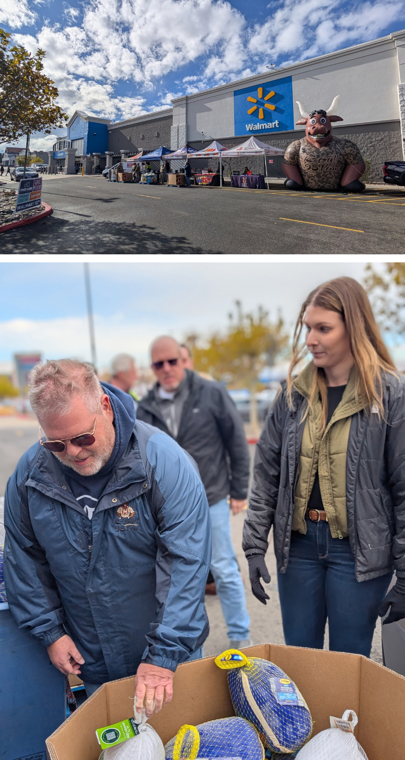 Outdoor drive-through food drive set up in front of a Walmart, featuring canopy tents, donation tables, and a large inflatable K-Bull mascot. Bottom: Team members packing donated frozen turkeys into large cardboard bins in the parking lot.